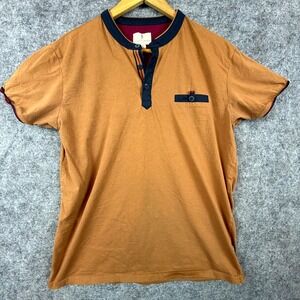 Scott James T-Shirt Mens Large Brown Cotton Stretch Retro Henley Ringer Neck